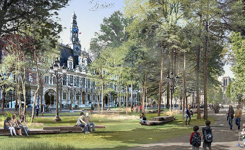 Vue d’artiste de la future forêt urbaine devant l’Hôtel de Ville à Paris. © Ville de Paris/Apur/ Céline Orsingher